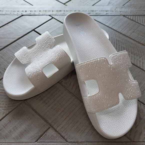 INC Sandals Pia Rhinestone White Slip-In Flat Slide - Picture 1 of 8